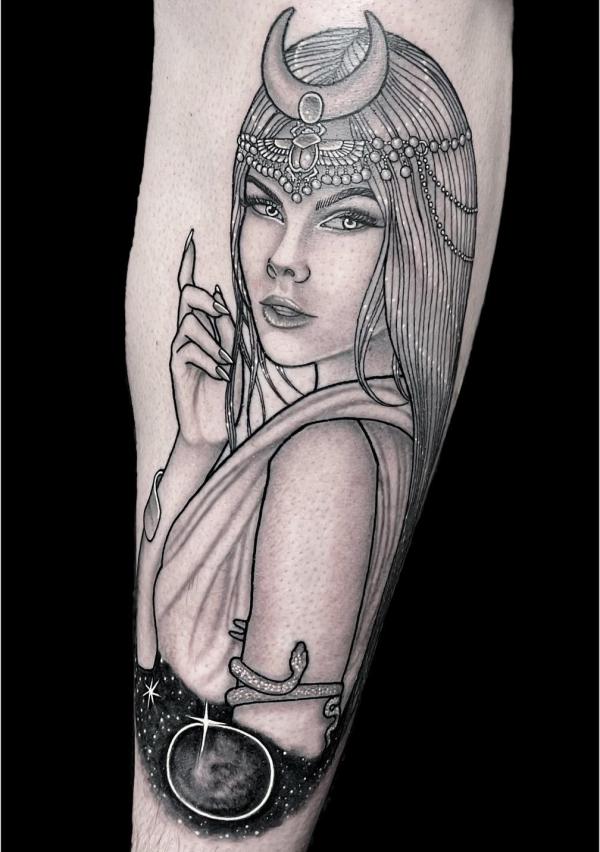 Cleopatra sleeve tattoo black and grey