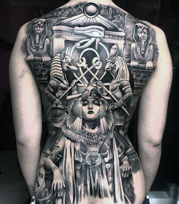 Cleopatra with Anubis and Ra full back tattoo black and grey