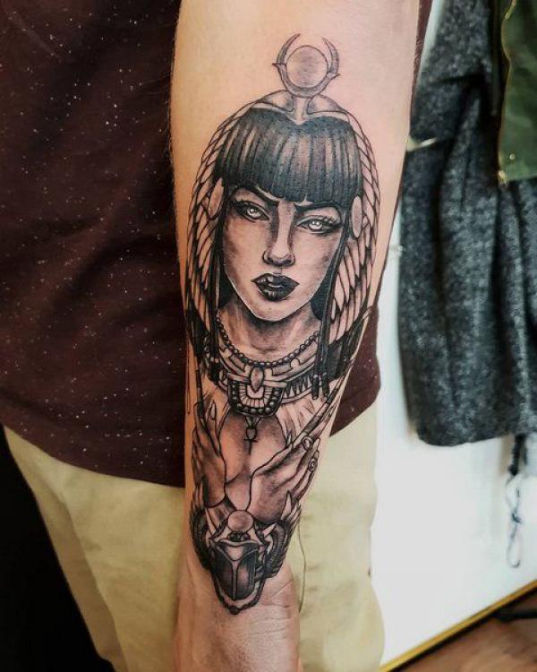 Cleopatra with Scarab forearm tattoo