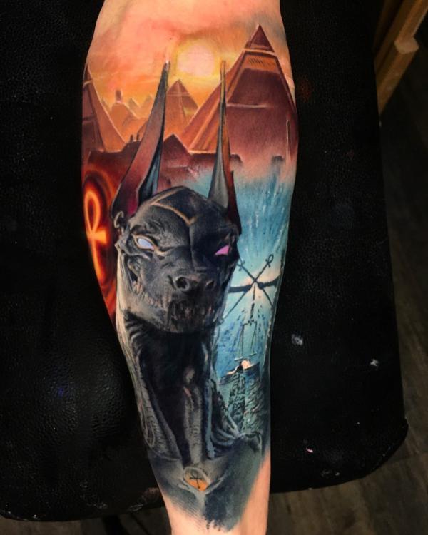 Colored Anubis and Pyramids tattoo