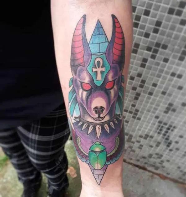 Colored Anubis and Scarab Beetle tattoo