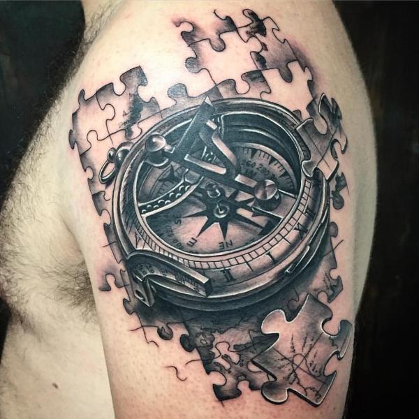 Compass puzzle tattoo black and grey