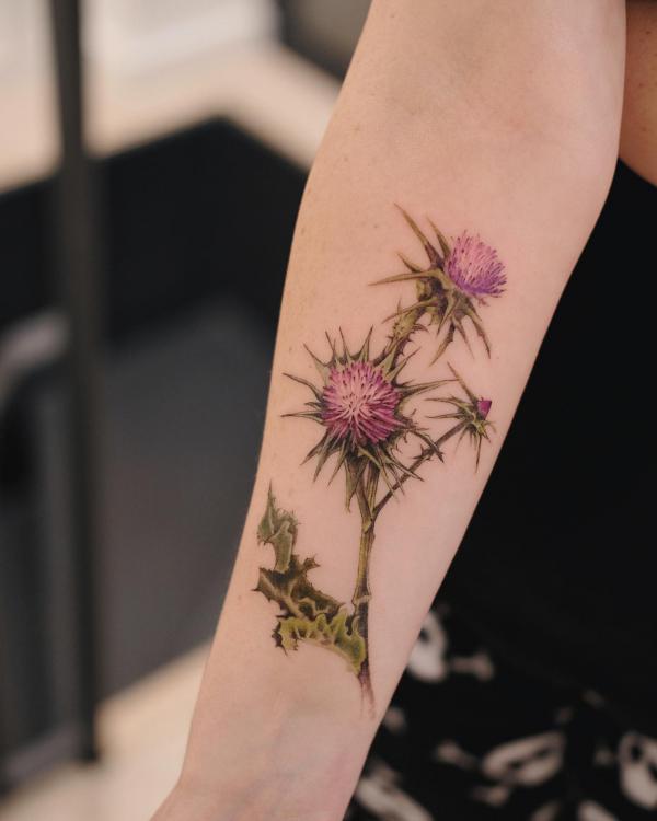 Dainty thistle forearm tattoo