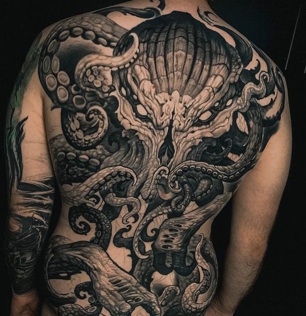 Dark kraken full back tattoo