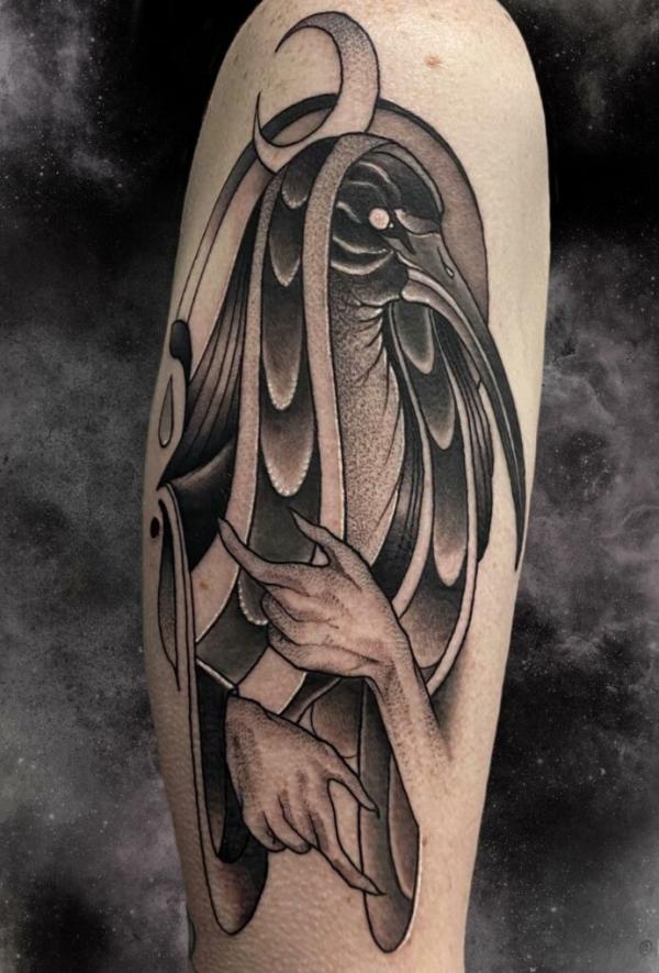 Dotwork Thoth Ibis with crescent moon tattoo