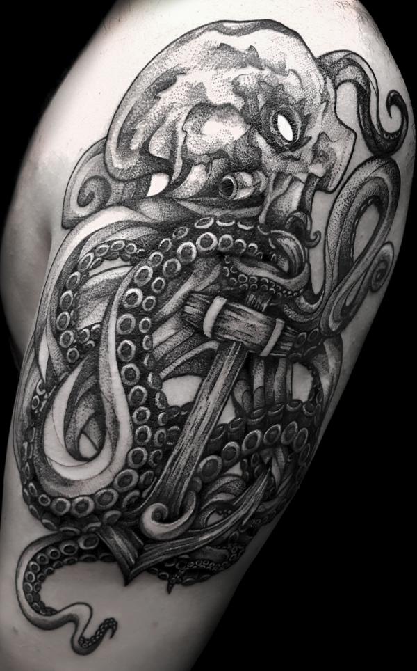 Dotwork kraken and anchor tattoo