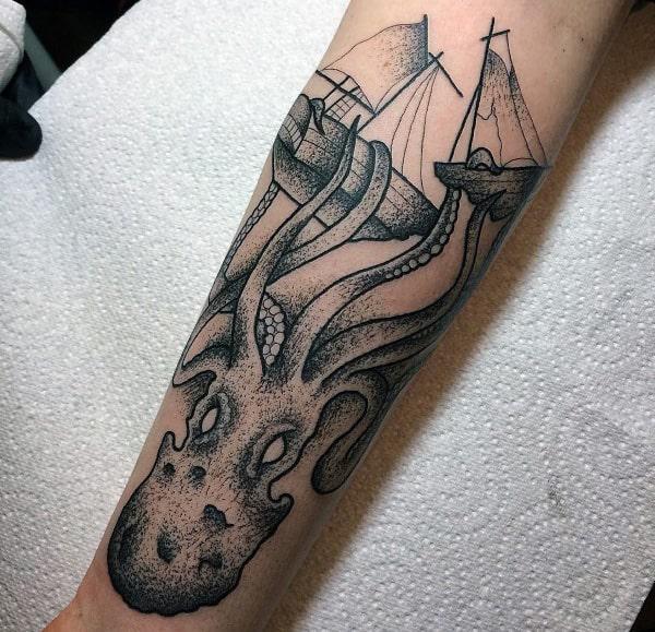 Dotwork kraken and ship tattoo