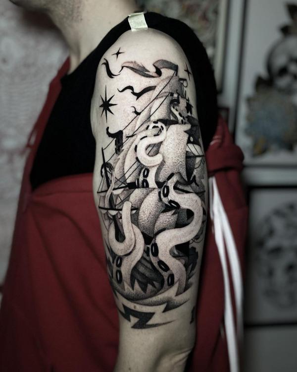 Dotwork kraken with ship and star tattoo