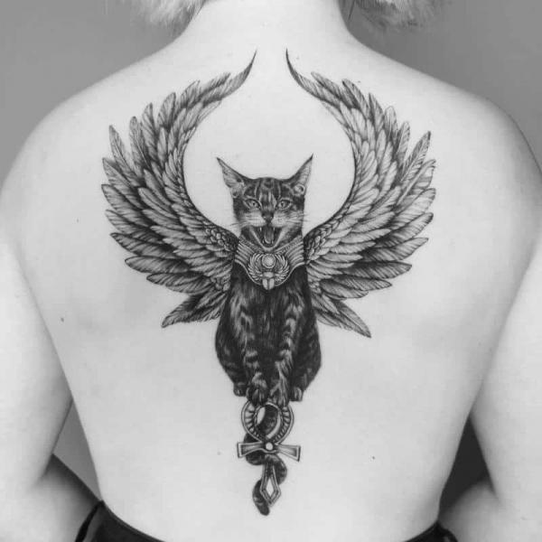 Egyptian Cat with wings back tattoo