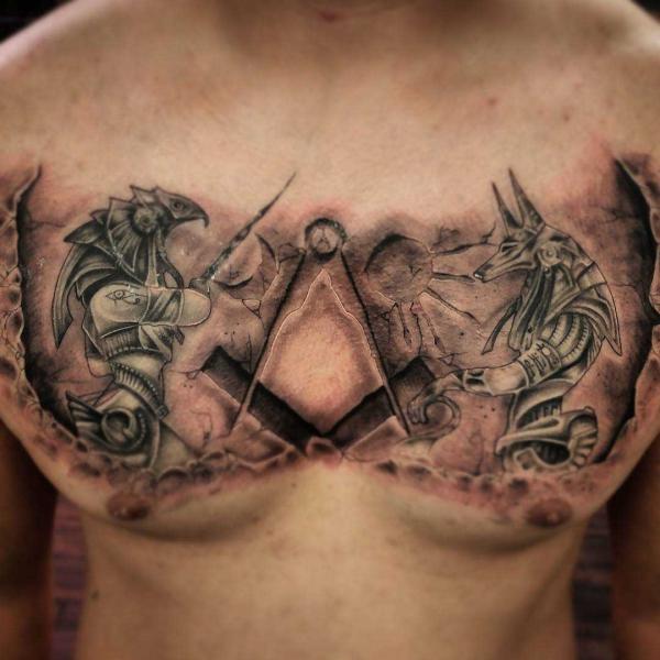 Egyptian Gods Horus and Anubis chest tattoo