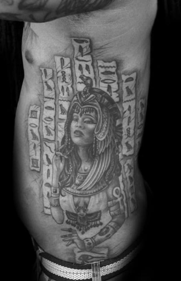 Egyptian Queen and Hieroglyphics side tattoo