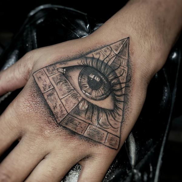 Eye in pyramid hand tattoo