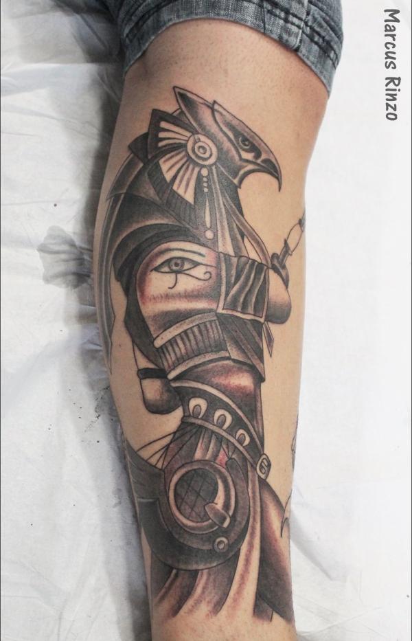 Falcon warrior Horus lower leg tattoo