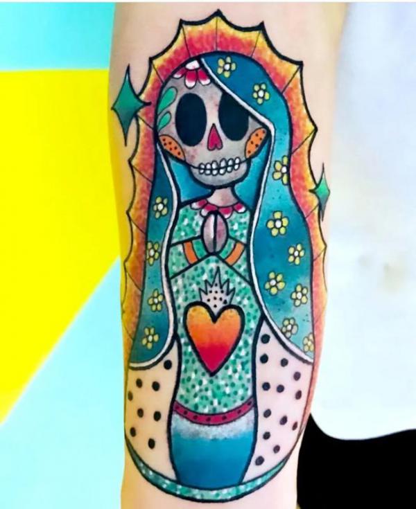 Feminine Santa Muerte with immaculate heart tattoo traditional