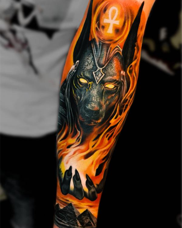Flaming Anubis and Pyramids with Ankh tattoo