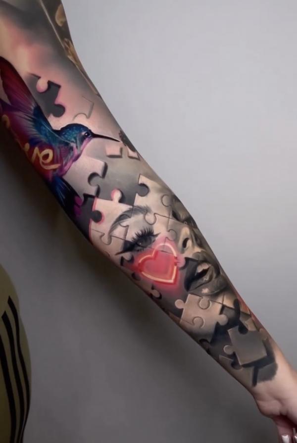 Geometric puzzle tattoo sleeve