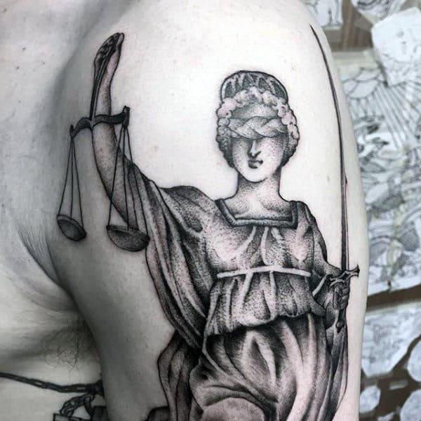 Goddess Themis with sword and scales of justice tattoo dotwork