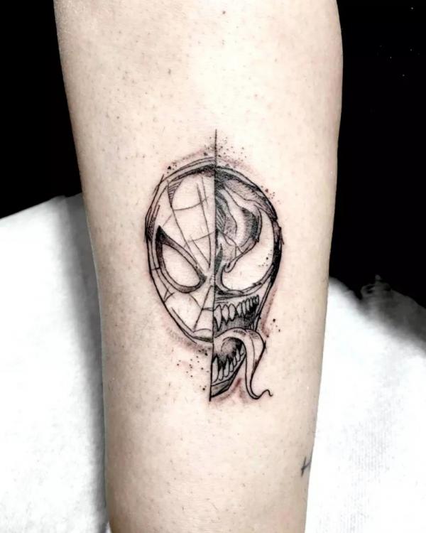 Half Venom half spiderman tattoo black and grey