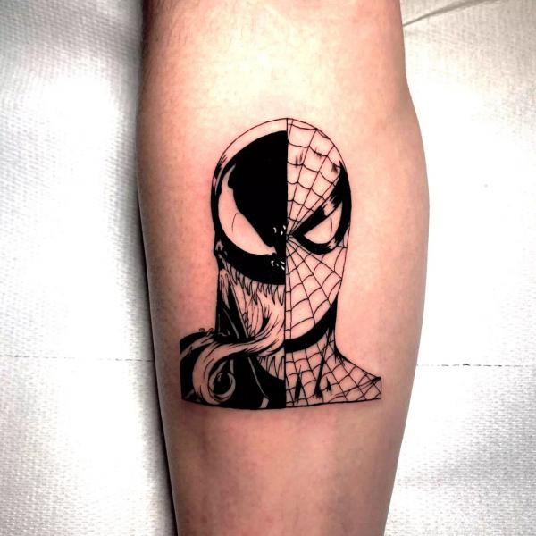 Half Venom half spiderman tattoo black and white