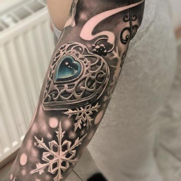 Heart diamond with snowflake tattoo