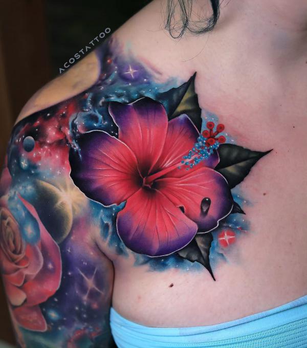 Hibiscus and galaxy tattoo