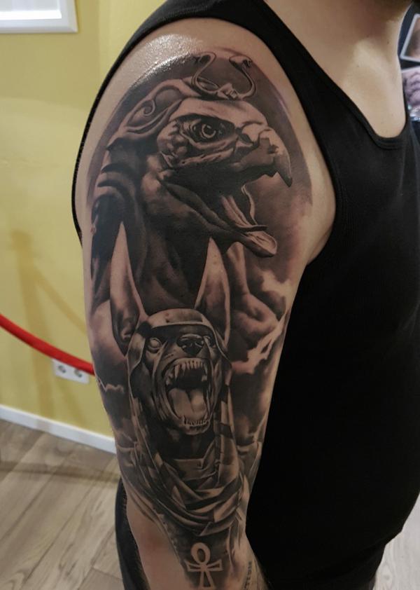 Horus and Anubis with Ankh half sleeve tattoo