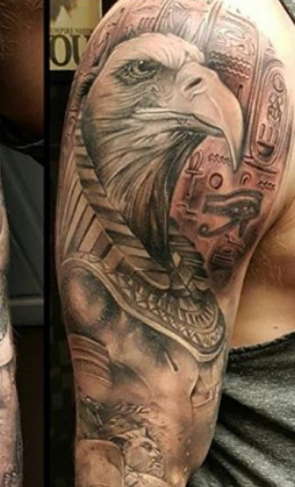 Horus and Hieroglyphics with Eye of Ra tattoos