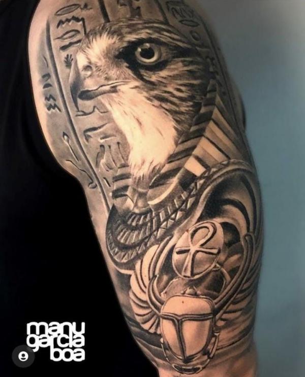 Horus with Scarab Beetle and Hieroglyphics tattoo
