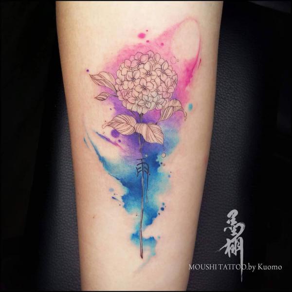 Hydrangea outline on watercolor backdrop