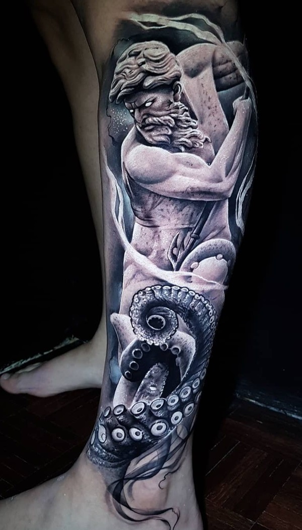 Kraken and Poseidon leg tattoo