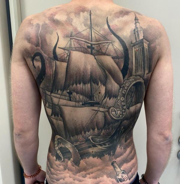 Kraken and shipwreck tattoo black and grey