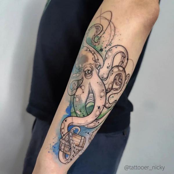 Kraken and treasure box tattoo