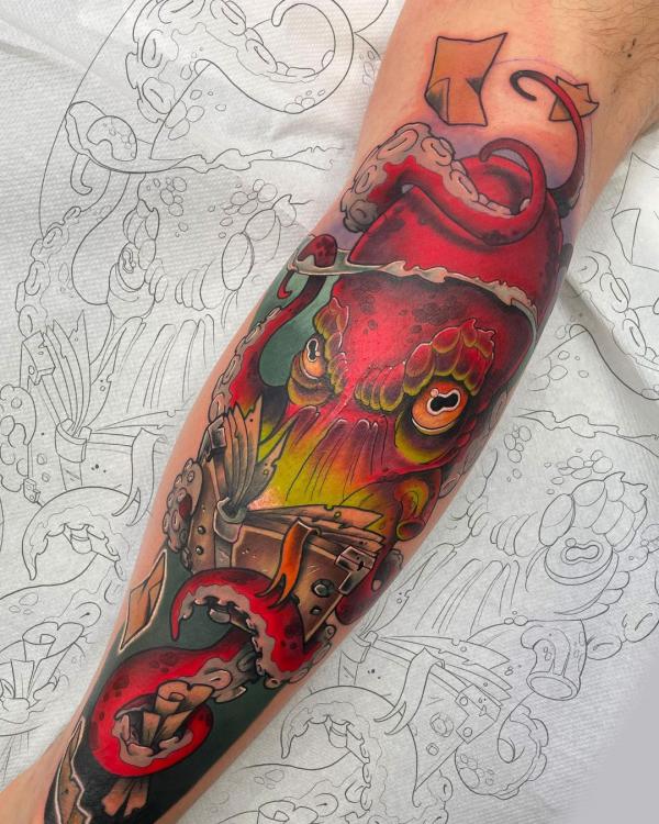 Kraken and treasure tattoo traditional