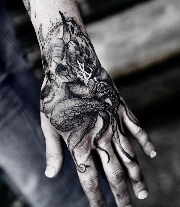 Kraken hand dotwork tattoo