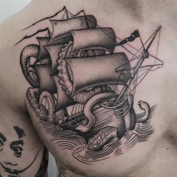 Kraken ship drawing tattoo