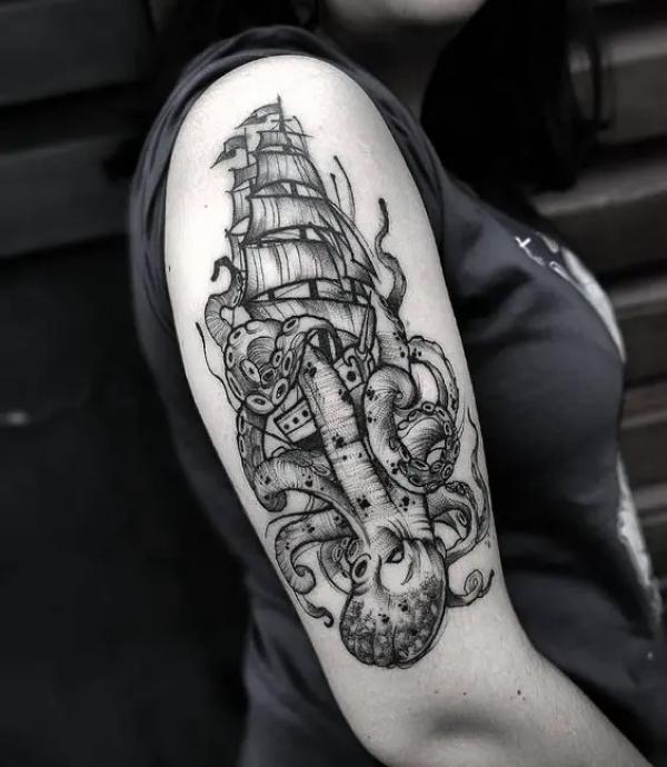 Kraken ship sketchy half sleeve tattoo