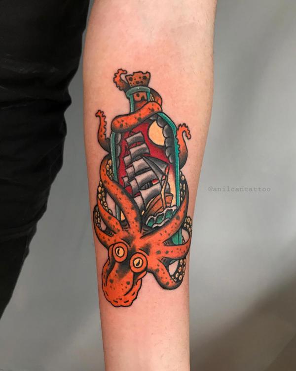 Kraken wrapping around a bottle with a ship inside