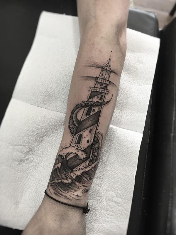 Lighthouse with Kraken tentacles and wave tattoo
