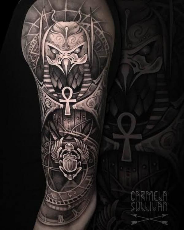 Metallic Anubis and Scarab Beetle with Ankh tattoo