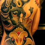 Neo taditional Bastet and Egypian lotus tattoo on back