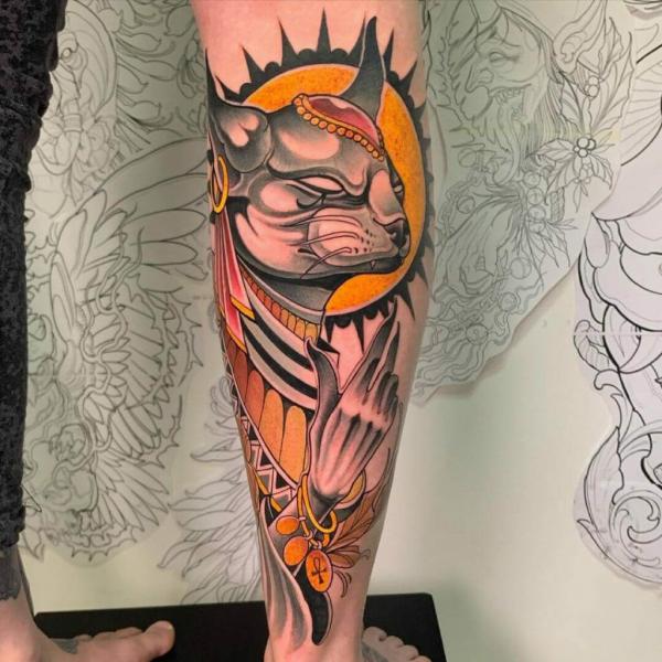 Neo taditional Bastet tattoo on calf