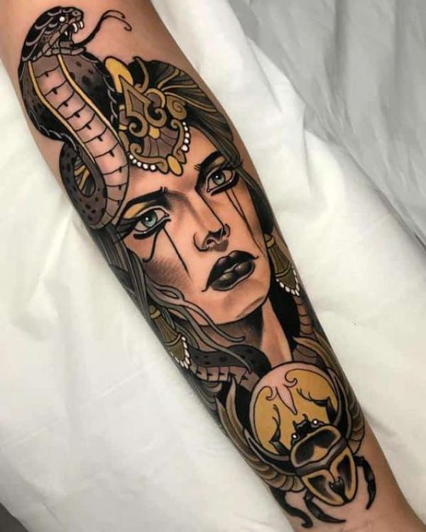 Neo traditional Cleopatra with Scarab and cobra tattoo