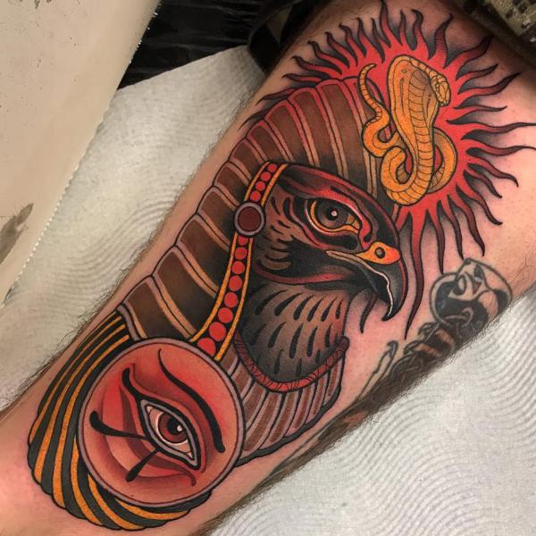 Neo traditional Horus with cobra and eye of Ra tattoo