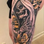 Neo traditional Santa Muerte with yellow rose tattoo