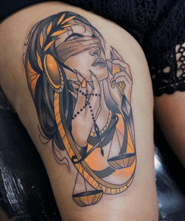 Neo traditional Scales of justice thigh tattoo