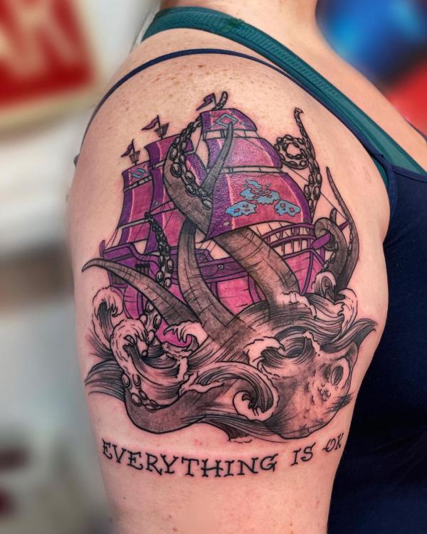 Pirate ship and kraken tattoo with words everything is OK
