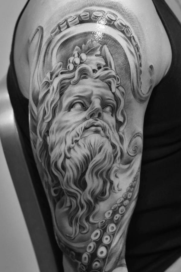Poseidon and Kraken tentacles tattoo black and grey