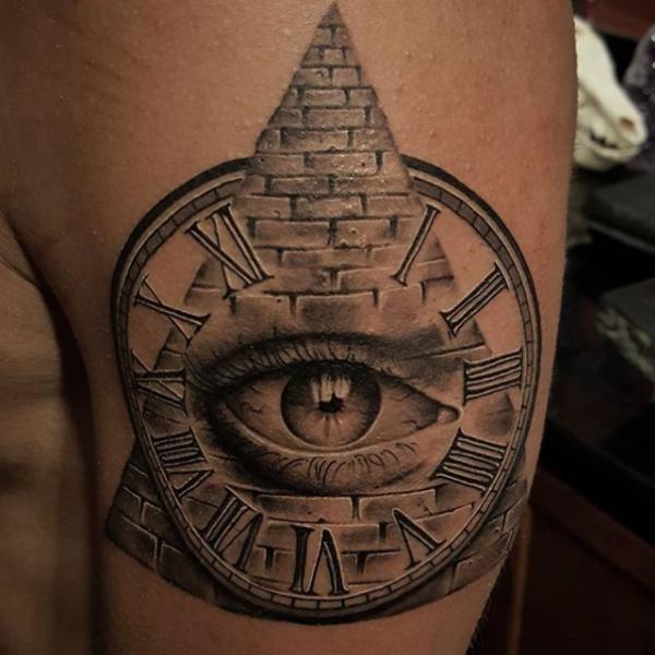 Pyramid all seeing eye with clock tattoo