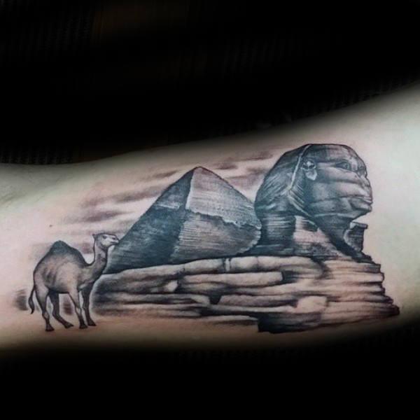 Pyramid and Sphinx and camel forearm tattoo