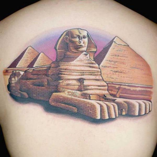 Pyramid and Sphinx back tattoo